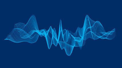 Illustration of abstract blue wireframe sound waves, visualization of frequency signals audio wavelengths, conceptual futuristic technology waveform background with copy space for text