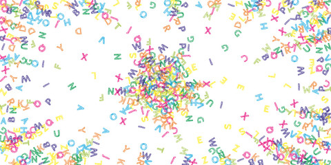 Falling letters of English language. Colorful sketch flying words of Latin alphabet. Foreign languages study concept. Alluring back to school banner on white background.