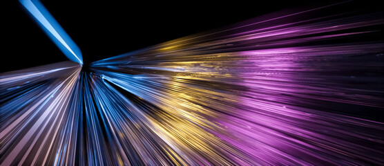 Abstract 3D illustration of glowing bright neon light streaks in motion. Visualization of data transfer, rapid movement or cyberspace on black background