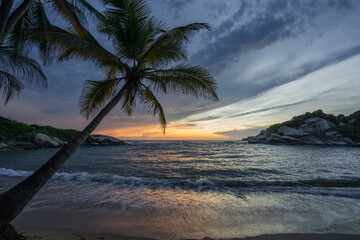 Romantic and scenic sunrise over the ocean at Carbo San Juan in Tayrona national park, Colombia, South America. Tropical palm tree on the Caribbean beach with clouds in the morning.