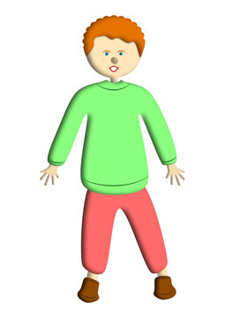 Bonhomme fris&eacute; et rouquin en chemise verte et pantalon rouge