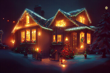 AI-generated Christmas lights decorated house