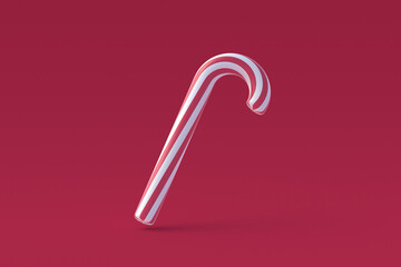 Christmas cane, striped candy of magenta on red background. Color of the year 2023. 3d render
