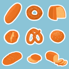 Bakery concept. Stickers with various kinds of bread stuffed. Bread rolls, bagel, bread and pretzel top view. Vector illustration