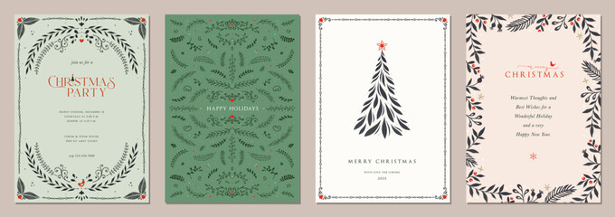 Retro Christmas vector templates. Universal Winter Holiday cards with decorative Christmas Tree, ornate floral background and frame with copy space, birds and greetings.