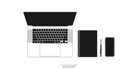 Top view workspace business with laptop computer, notebook, pen and smartphone minimal style black monochrome color isolated on white background. Vector illustration. 