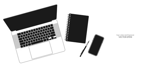 Top view workspace business with laptop computer, notebook, pen and smartphone minimal style black monochrome color isolated on white background. Vector illustration.