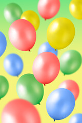 Flying colorful balloons on a green background.