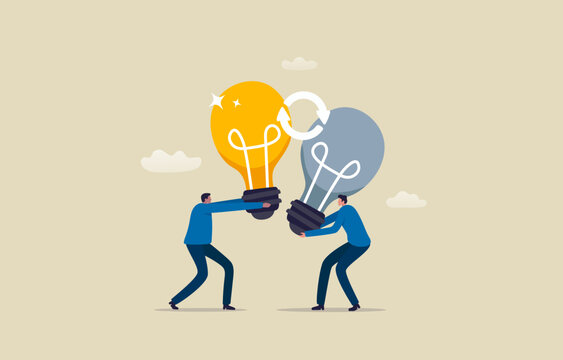 Swap Ideas Day. Brainstorming and Exchange ideas. sharing knowledge. Two men exchange lightbulb ideas. Illustration