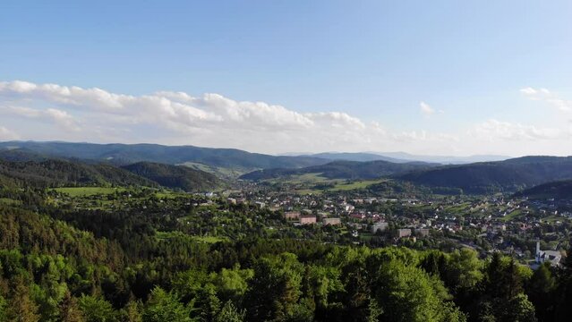 Aerial panorama of Krynica Zdroj spa township in Southern Poland on summer day