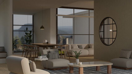 Modern contemporary spacious living room with sofa, coffee table, dining table, large glass wall
