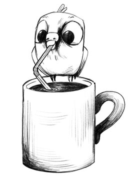 Bleistift Zeichnung: Niedlicher Wellensittich auf dem Rand einer Tasse schl&uuml;rft Kaffee durch einen Strohhalm