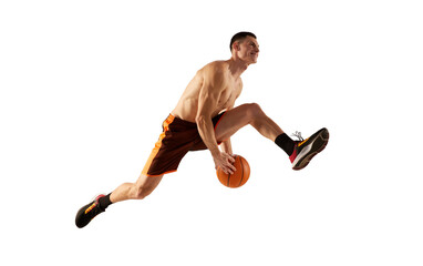 Dynamic footage of professional basketball player jumping with basketball ball isolated over white background. Sport, action, active and healthy lifestyle