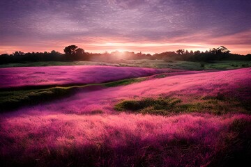 Tranquil sunset over a pink and purple field. 
