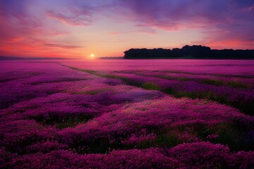 Tranquil sunset over a pink and purple field. 