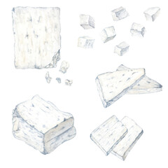 Greek feta cheese set. Watercolor food illustration isolaten on white background