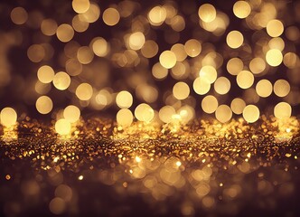 Abstract background of festive celebration glitter lights. Defocused grunge template of twinkly lights. Gold abstract bokeh Christmas Background. AI generated art.
