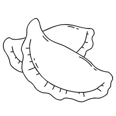 Dough dumplings with stuffing. Vector illustration. Linear hand drawing. Traditional Ukrainian dumplings, pierogies, Mexican Empanada.