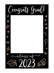 Graduate photo booth frame. Props with Class of 2023. Selfie frame. Kit for graduation party. Decorations party supplies. Graduation party photo booth frame. Gold and black vector illustration.