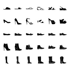 Set of men's and women's shoes icons, black silhouette isolated PNG