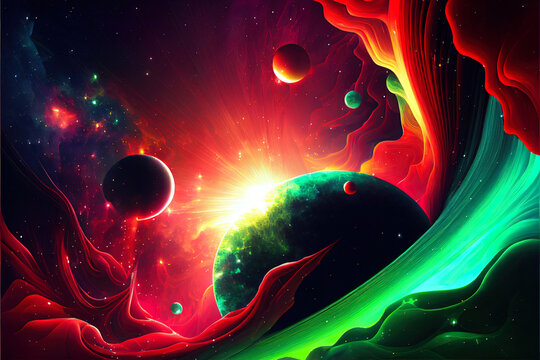 fantastic space background with planets and stars in super vibrant colors and high saturation