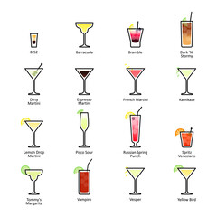 Alcoholic cocktails with titles. IBA official cocktails, New Era Drinks. Icons set in flat style isolated PNG