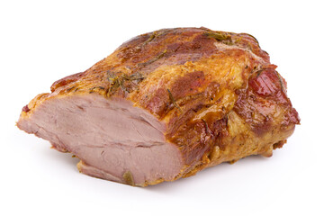 Roasted pork meat, Christmas baked spicy galzed meat, close-up, isolated on white background.