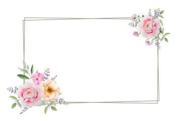 Watercolor hand drawn frame and border with pink roses and herbs