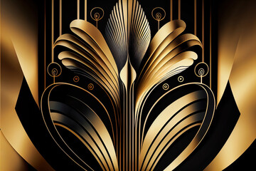 abstract golden background on black art deco style 3D illustration geometric elements and expensive golden tones, ai artwork
