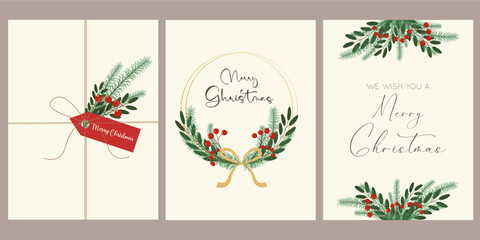 Set of cards for Christmas with fir tree branches and red berries. The upright set is great for cards, flyers, brochures, and advertising poster templates. Vector illustration.