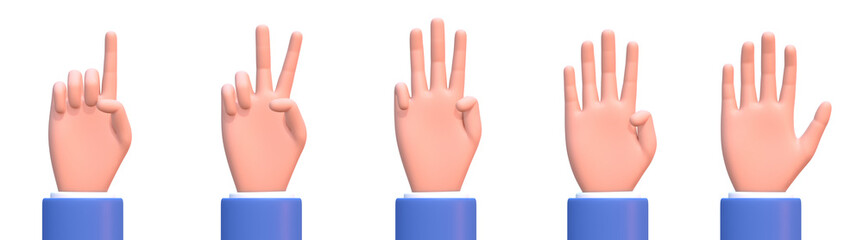 3d render of hand showing numbers with fingers from 1 to 5