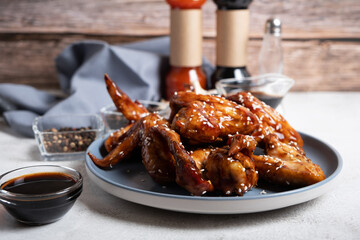 A delicious dish of Asian cuisine chicken wings in teriyaki sauce on a blue plate.