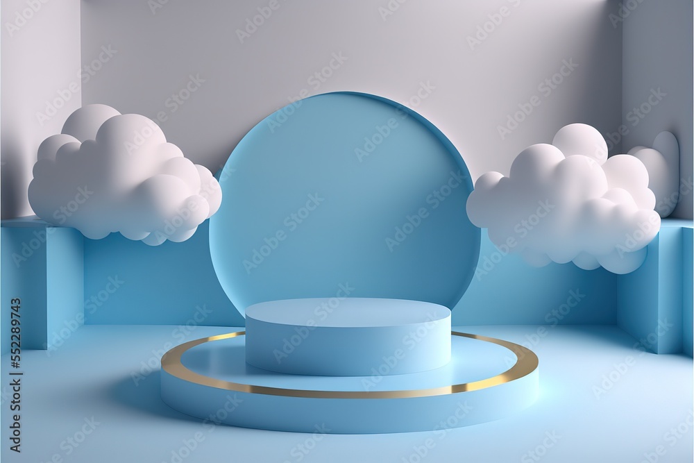 Poster blue rendering with podium and minimal cloud scene, minimal product display background 3d rendered geometric shape sky cloud blue pastel. Podium, pedestal, layout, template for the presentation of a 