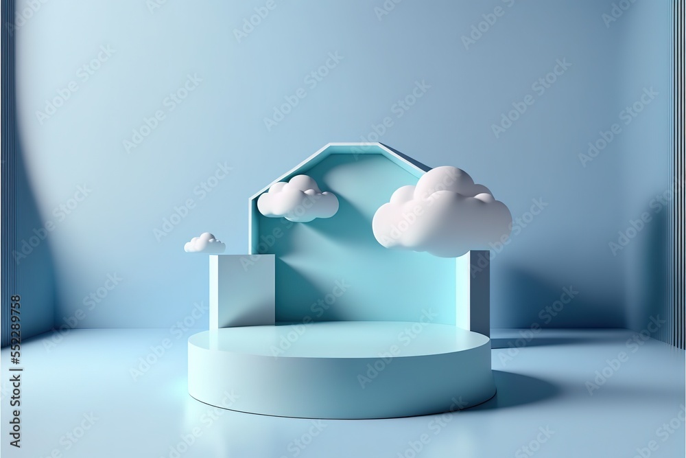 Fototapete blue rendering with podium and minimal cloud scene, minimal product display background 3d rendered g