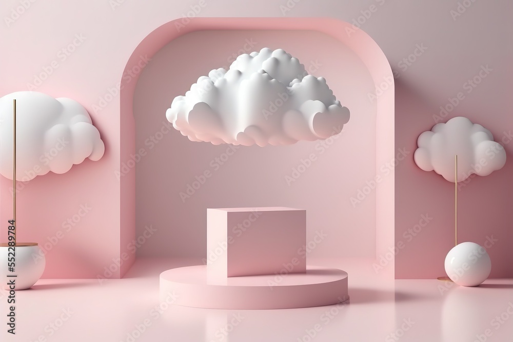 Poster background vector 3d pink rendering with podium and minimal cloud white scene. podium, pedestal, lay