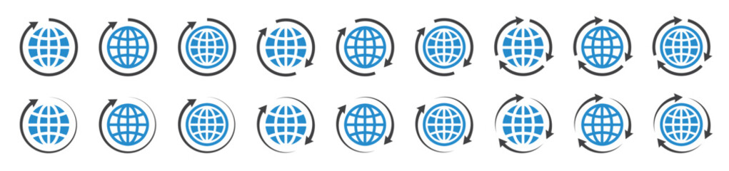 Set of globes with arrows around. Worldwide icons, globe with arrow. Worldwide shipping symbol, globe and arrows around, earth icons, travelling. Vector.