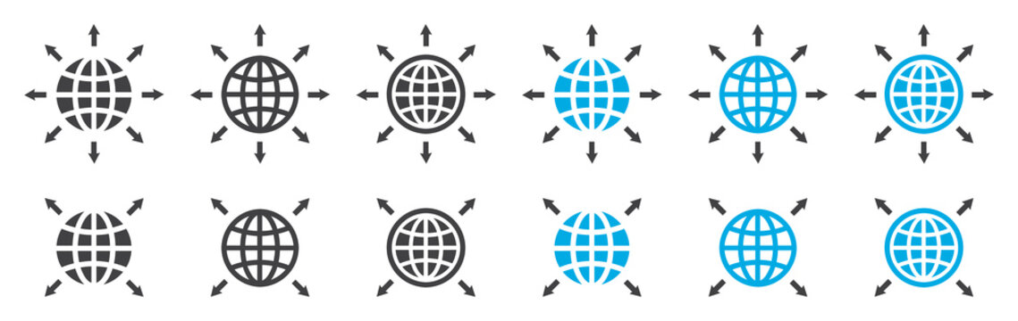 Set of word expansion icons. Globe with corner arrows, earth symbol. Worldwide icons, globe with arrow. Vector.