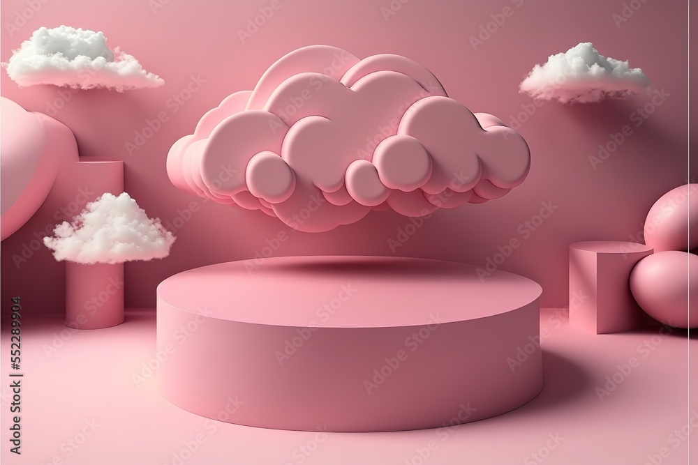 Poster cloud background vector 3d pink rendering with podium and minimal cloud scene. podium, pedestal, lay