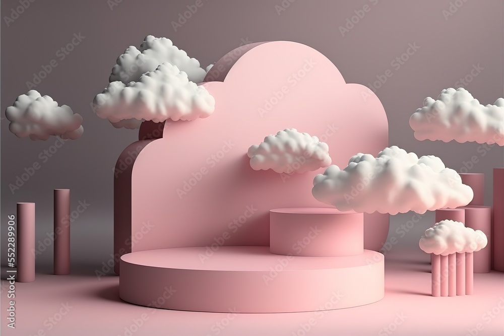 Poster cloud background vector 3d pink rendering with podium and minimal cloud scene. podium, pedestal, lay