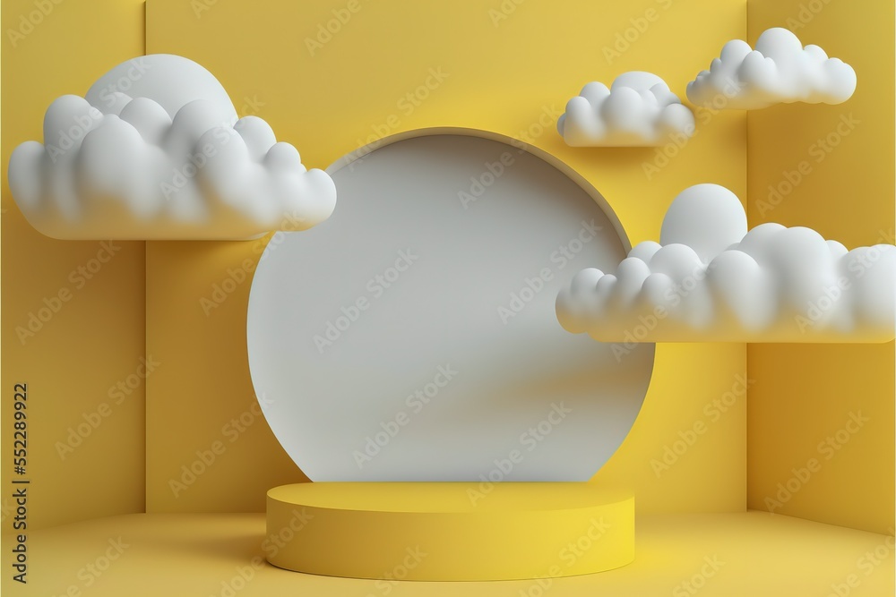 Poster cloud background 3d yellow rendering with podium product cloud scene,