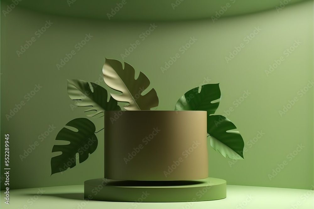 Poster cylinder display abstract minimal scene with leaf geometric platform. podium, pedestal, layout, temp