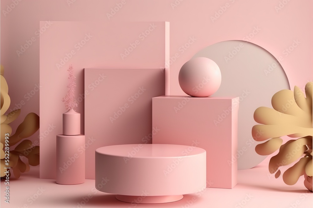 Poster Minimal pink podium and scene with 3d render vector in abstract background composition. Podium, pedestal, layout, template for the presentation of a modern exhibition or gallery. 3d illustration