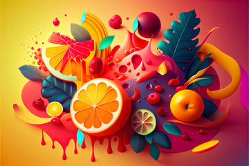 Obraz na płótnie Canvas super bright still life of fantastic 3D fruits, abstract background of bright exotic flowers and fruits, ai artwork