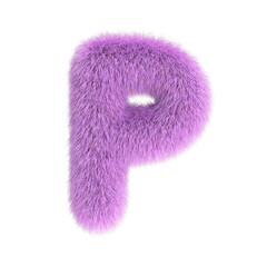 Hairy font, furry alphabet, 3d rendering, letter P