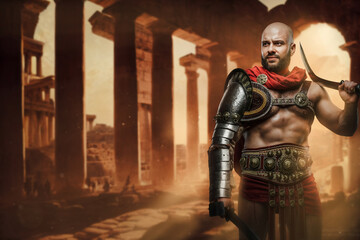Shot of roman gladiator from ancient rome dressed in armor and cloak on greek ruins.
