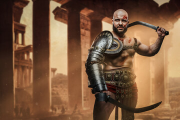 Fototapeta na wymiar Studio shot of powerful gladiator from past dressed in armor holding dual swords.