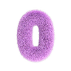 Hairy font, furry alphabet, 3d rendering, number 0