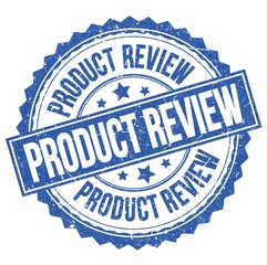 PRODUCT REVIEW text on blue round stamp sign