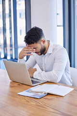 Headache, stress and businessman with burnout, anxiety and mistake on laptop 404 glitch, fail or...
