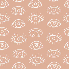 Boho Eye Seamless Pattern with hand drawn mystical elements. Trendy line art background with hand drawn eyes. Repeat modern doodle background. Ethnic boho pattern for cover, wrapping paper, wallpaper.